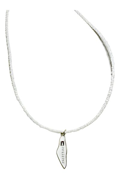 Zaytoon White Beaded Handmade Palestine Map Unisex Palestine Necklace 40 cm J300011