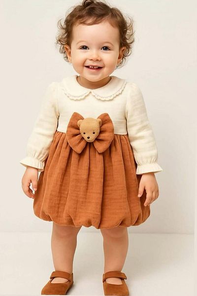Minigimin Cicileri My Little Baby Girl's Muslin Teddy Bear Detailed Baby Girl Dress - Tan