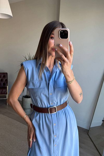 Sue Store Baby Blue Elastic Waist Padded Belted πουκάμισο φόρεμα