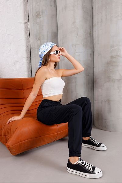 Piyera Women's Navy Blue High Waist Elastic Leg Jogger Pants with 4 Pockets - 3070