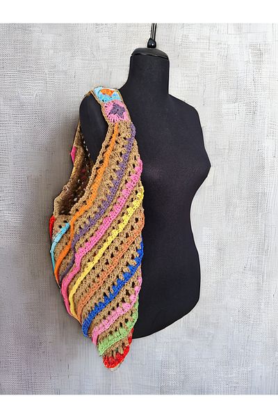 Hobi Kafe Hand Knitted Colorful Shoulder Bag with Paper Thread – Bohemian Style – Colorful and Natural