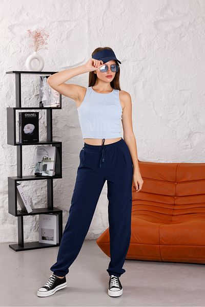 Piyera Women's Light Navy Blue High Waist Elastic Leg Jogger Pants with 4 Pockets - 3070