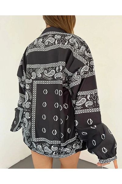 Denizyıldızı Women's Digital Printed Parachute Fabric Windbreaker - Black
