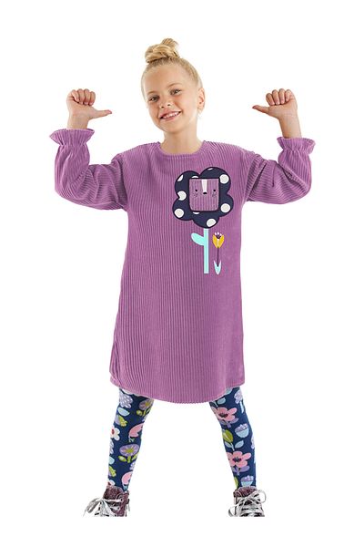 Denokids Floral Girl's Lilac Velvet Dress