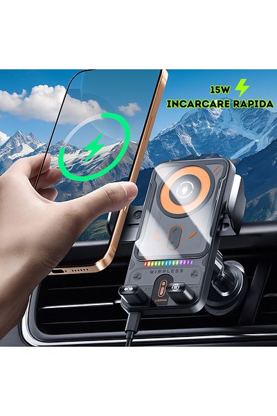 RaSteff Suport Auto pentru telefon cu Incarcare Wireless, Prindere cu ajustare automata, Rotire la 90°