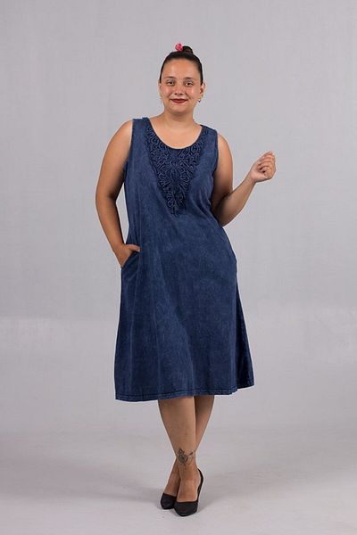 Truva XXL Navy Blue Washed Sleeveless Cotton Plus Size Dress with Guipure Detail – Stylish and Spacious!