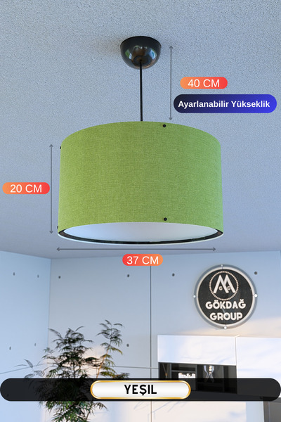 GÖKDAĞ GROUP Yeşil Kumaş Başlıklı Sarkıt Avize 37 CM Mega Boy