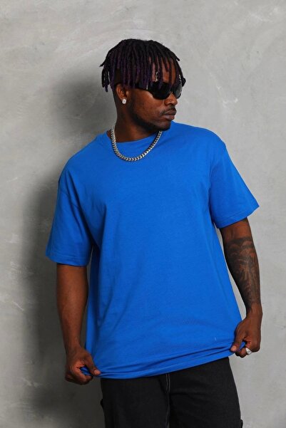 Wear Up Unisex Oversize μονόχρωμο μπλουζάκι με λαιμόκοψη - Μπλε