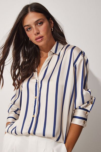 Lovelyİstanbul Cămașă din satin cu dungi LMX0102 CREM ALBASTRU ÎNCHIS