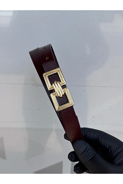 Kemerix 100% Genuine Leather Burgundy Women's Belt with Thin Gold Buckle