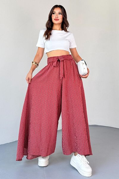 Cappmoda Pnt-07411 Dusty Rose Striped Woven Shalwar Skirt Trousers