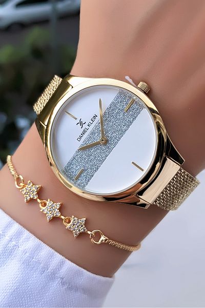 Daniel Klein Women's Wristwatch Original Mesh Cord Gold Color Silvery Dial Bracelet Gift