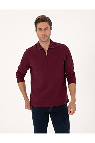 Pierre Cardin Bordo Slim Fit Kıvrılmaz Fermuarlı Polo Yaka Basic Pike Sweatshirt 50314046-VR014