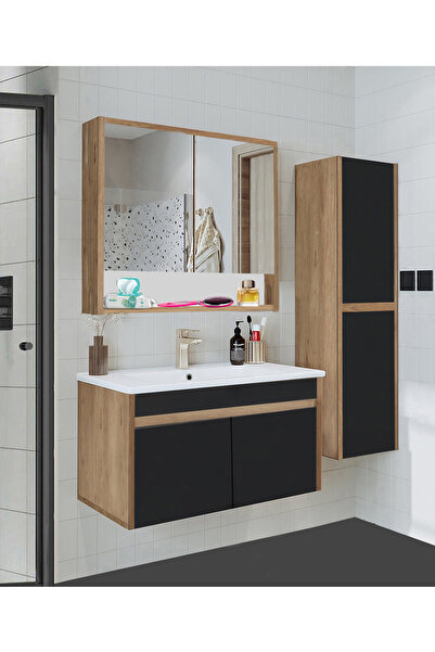 Alfa Banyo Serena EA 100 cm Seramik Lavabolu Banyo Dolabı Seti, Boy Dolaplı, MDF, 100+35 cm, Hazır Kurulu