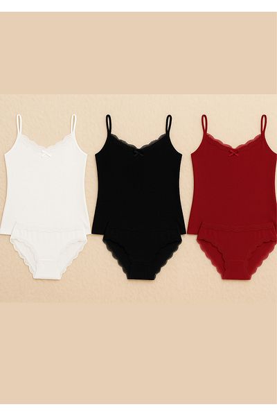 Loule Women's Clothing Lace Detailed 3 Pieces 2-Piece Combed Cotton Suit Ll.K63.O033.001
