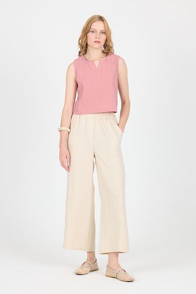Rays Beige Cotton Elastic Waist Wide Leg Trousers 4657