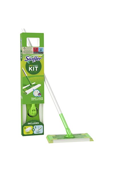 Swiffer Mop Dry/Wet Trap & Lock 1 Mop, 8 Dry Wipes + 3 Wet Wipes