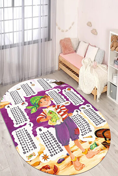 EVİMSEN Yıkanabilir ve Kaymaz Korsan Temalı Çarpım Tablosu Desenli Oval Çocuk...