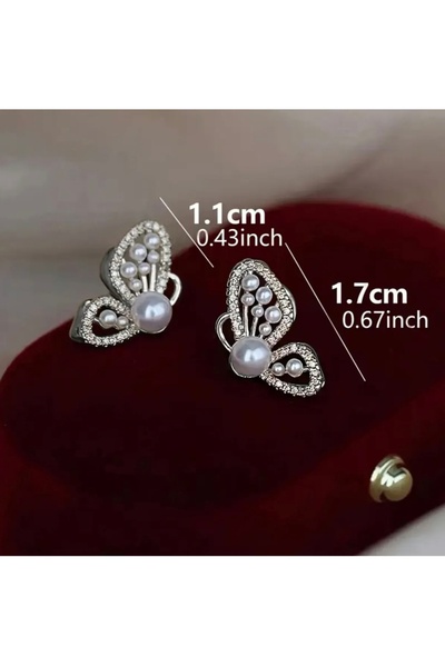 İnci Gümüş renkli ince süslemeli kelebek küpe/ şık ve modern antialerjik çelik küpe