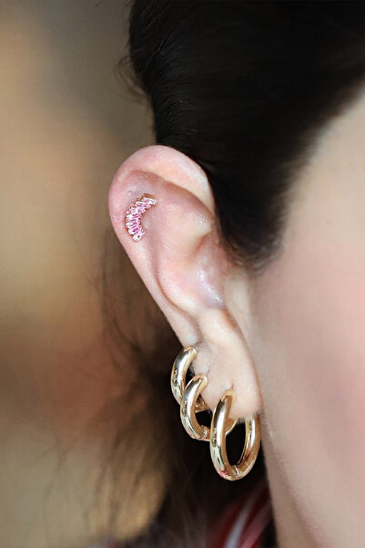 Diamond Line-Gülaylar 14 Ayar Sarı Altın Taşlı Tragus Piercing