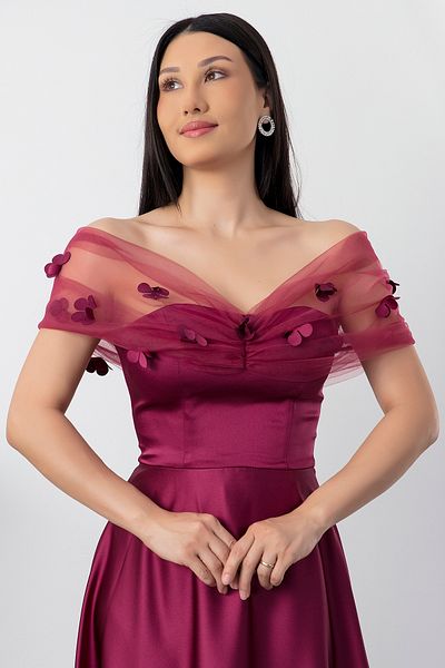 PULLIMM Strapless Neckline Bust Tulle Detail Evening Dress Ecr5587