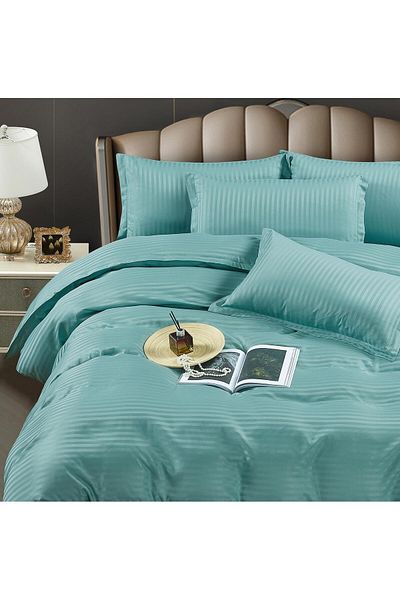 trendyhome Lenjerie de pat dublă, damasc fin, 6 piese, UNI, albastru deschis, J13125