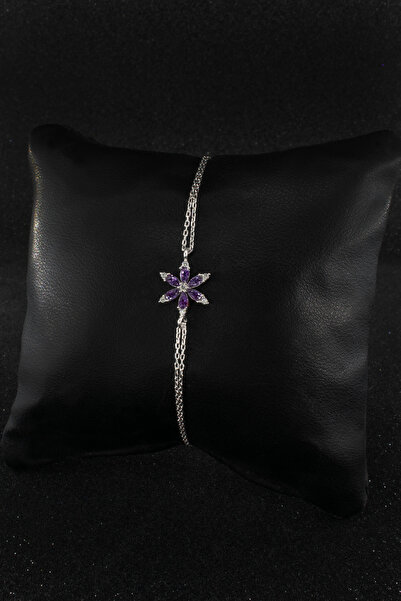 Parmas Design Ametist Mor Lotus Çiçeği Minimal 925 Ayar Gümüş Kadın Bileklik