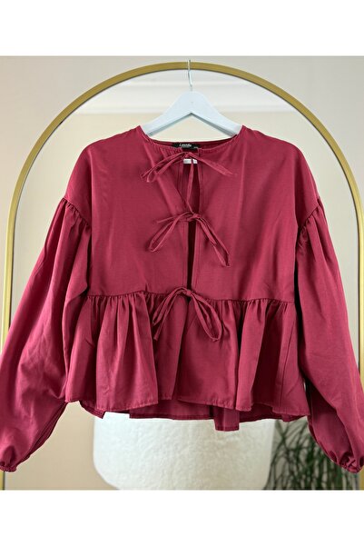 Bahar Altundemir Kadın Crop Etek Üstü Bordo Kimono Bağcıklı Kimono