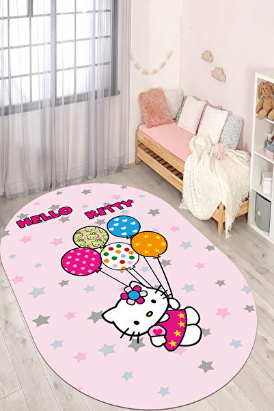 EVİMSEN Dekoratif Baskılı Yıkanabilir ve Kaymaz Sevimli Kedi Desenli Oval Çoc...