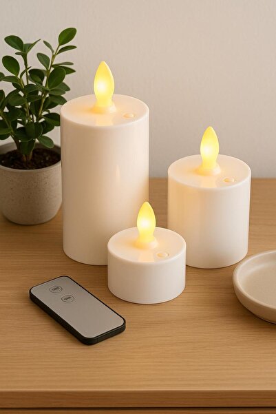 Özbey ArtDeco 3'lü Set Silindir Led Pilli Mum