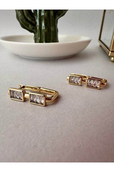 simy accessories Gold Zirkon taşlı Dikdörtgen küpe Çelik
