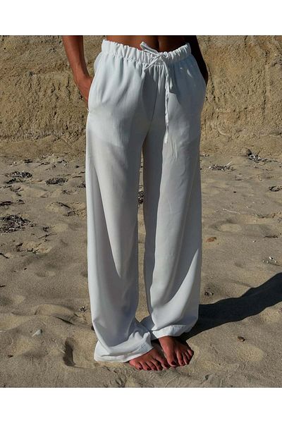 MERİCEY White Gathered Waist Satin Wide Leg Women's Trousers with Pockets
