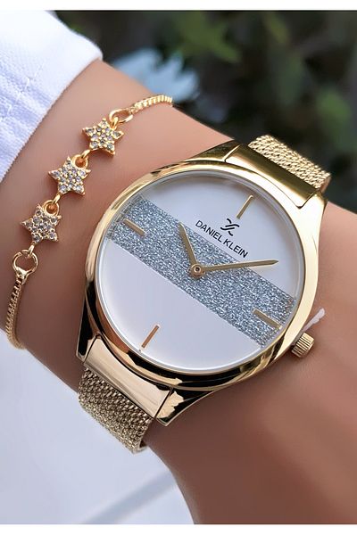 Daniel Klein Women's Wristwatch Original Mesh Cord Gold Color Silvery Dial Bracelet Gift