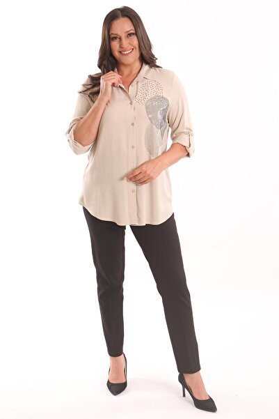 Metpoint Trend42plus Büyük Beden Bej Taş Baskılı Dokuma Gömlek
