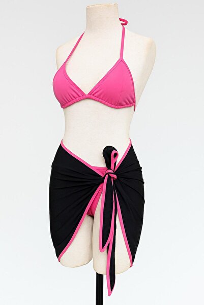 safhas Kadın 3lü Fuşya Bikini Takımı Pareolu – Üçgen Dolgulu, Ayarlanabilir, Siyah Plaj Pareosu Ile Şık