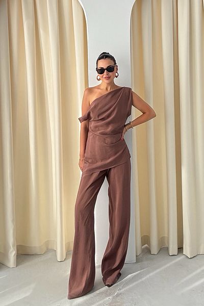 Seda Yalçın Atelier Brown Linen Shoulder Low-Cut Pama Suit