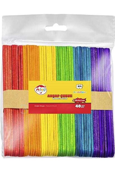MILEO Ahşap Çubuk Dil Çubuğu Kare 114X10X2 Mm Renkli 1831 (40 Lı Paket)