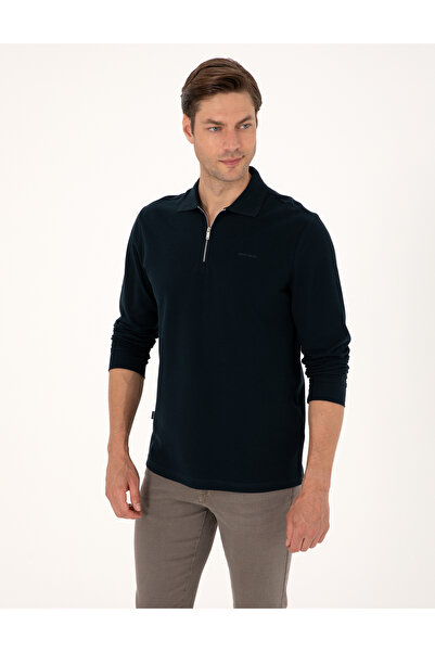 Pierre Cardin Lacivert Slim Fit Kıvrılmaz Fermuarlı Polo Yaka Basic Pike Sweatshirt 50314046-VR033