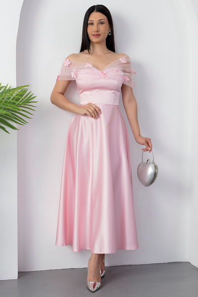 PULLIMM Straplez Yaka Göğüs Tül Detaylı Abiye ECR5587