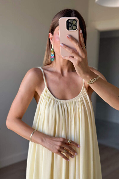Sue Store Butter Yellow İnce Askılı Astarlı Pamuklu Oversize Elbise