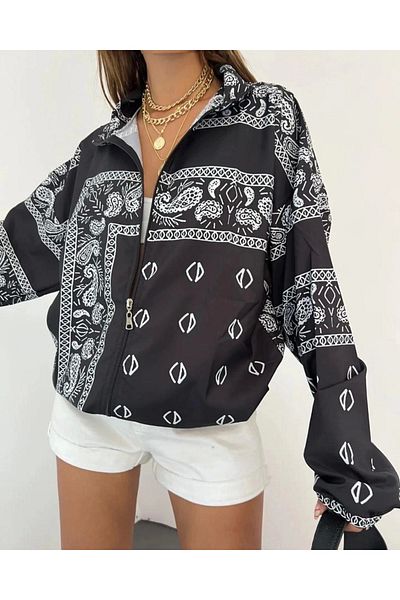 Denizyıldızı Women's Digital Printed Parachute Fabric Windbreaker - Black