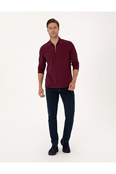 Pierre Cardin Bordo Slim Fit Kıvrılmaz Fermuarlı Polo Yaka Basic Pike Sweatshirt 50314046-VR014