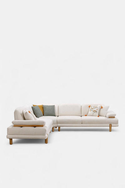 Niron Moda Köşe Koltuk – L Form, Yataklı, Ahşap Ayaklı, Kırlent Hediyeli (310x310 Cm)