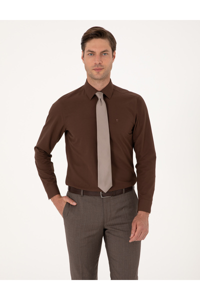 Pierre Cardin Kahverengi Slim Fit Uzun Kollu Basic Gömlek 50316734-VR029