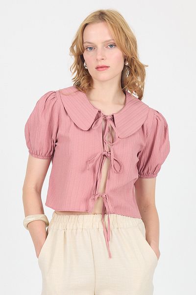 Rays Rose Tie Detailed Baby Collar Crop Blouse 8064