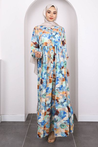 İmajButik Φόρεμα Saks Blue με μισό κουμπί με μοτίβο φούστας