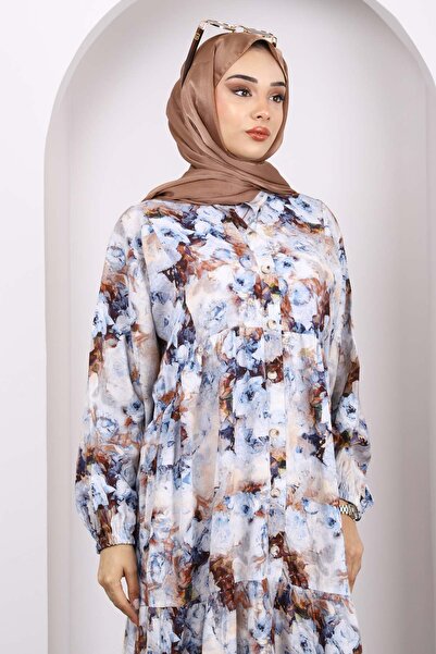 İmajButik Μπλε φόρεμα με μισό κουμπί με μοτίβο