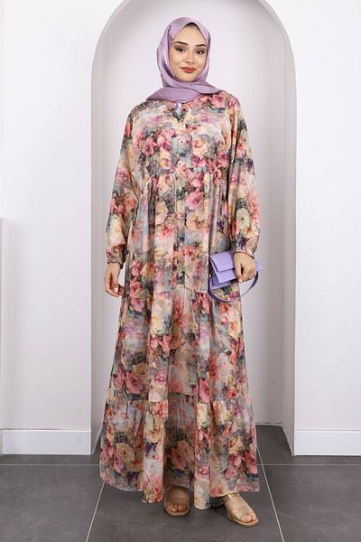 İmajButik Φόρεμα Dusty Rose με μισό κουμπί με μοτίβο