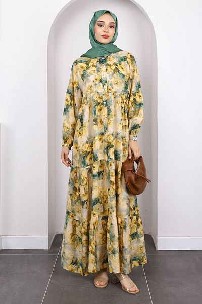 İmajButik Μουσταρδί Φόρεμα με μισό κουμπί με μοτίβο