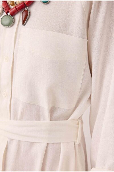 HEQA Reglan Kol Keten Elbise Ekru